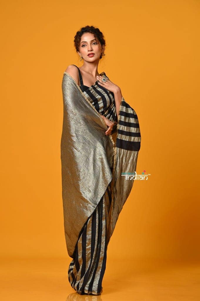 Param Sundari ~ Golden Earth ~ Munga Silk Saree in Black Gold with Subtle Stripes view 3