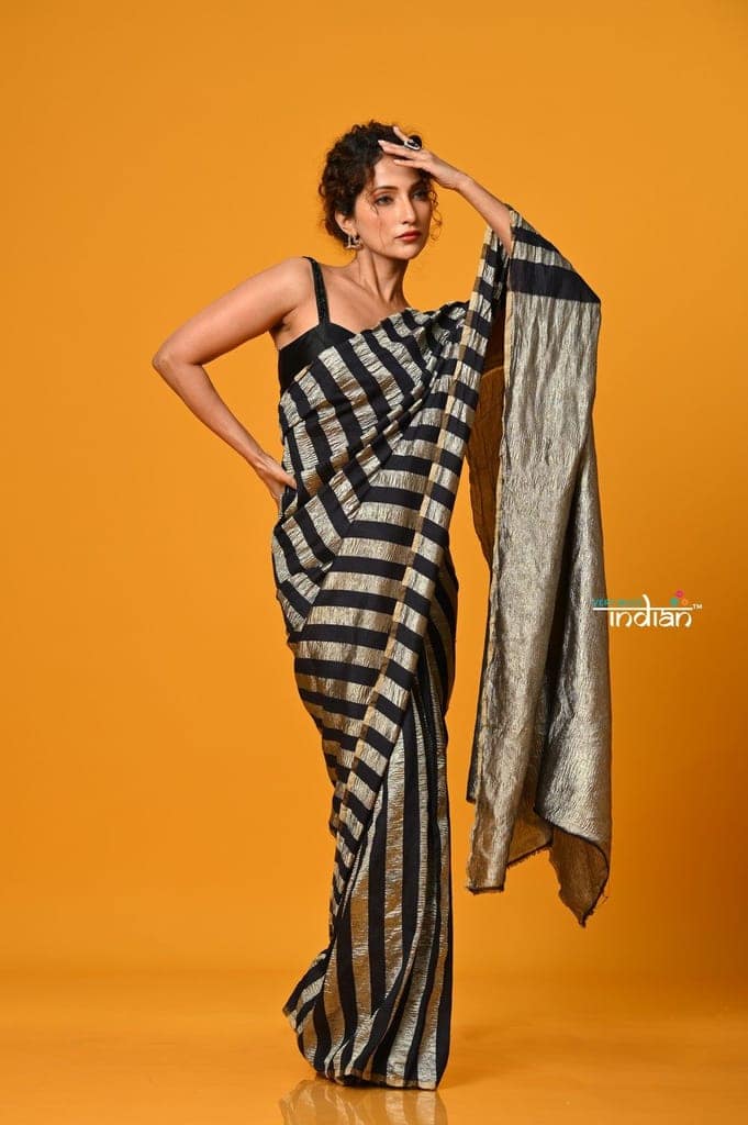 Param Sundari ~ Golden Earth ~ Munga Silk Saree in Black Gold with Subtle Stripes view 4