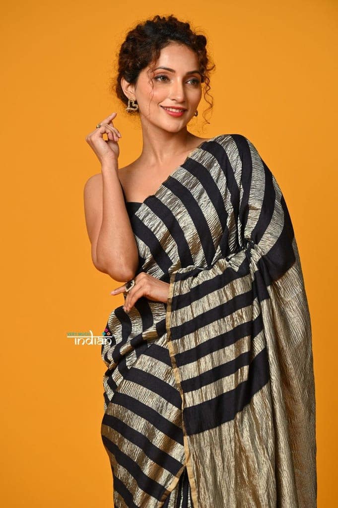 Param Sundari ~ Golden Earth ~ Munga Silk Saree in Black Gold with Subtle Stripes view 5