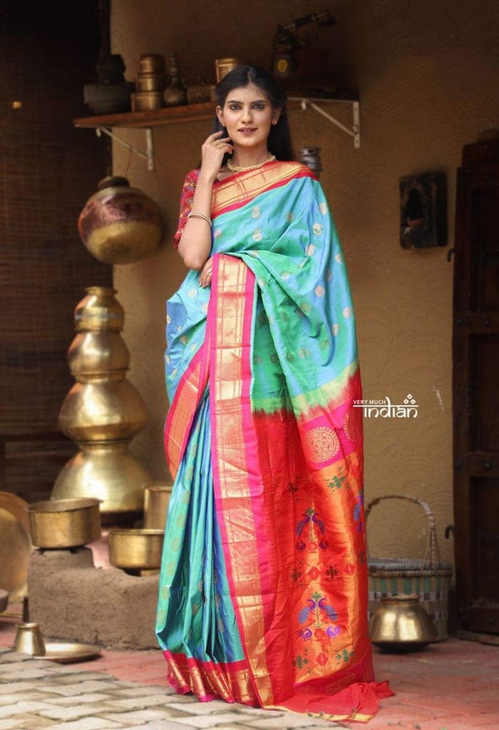 Utsaav ~ Authentic Handloom Pure Silk Maharani Paithani - Dual Tone Light Blue with Bright Pink Border, Buttis all over the saree view 3