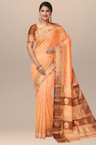 Golden Orange Buti Handwoven Mulberry Sausar Silk with Broad Zari Border Saree SKU-BS10135