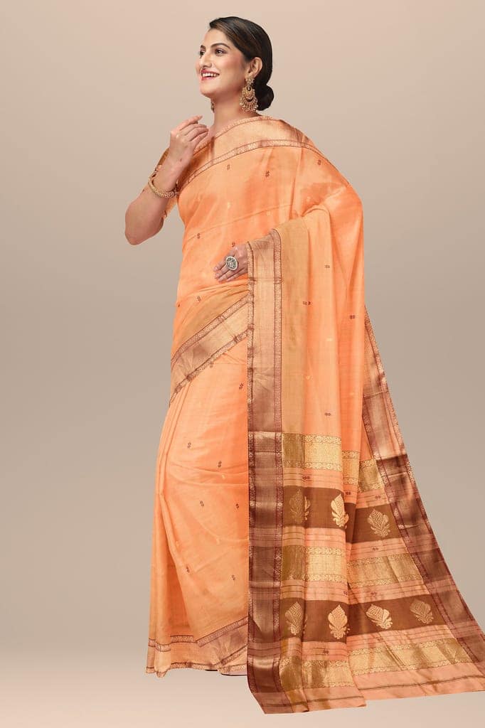 Golden Orange Buti Handwoven Mulberry Sausar Silk with Broad Zari Border Saree SKU-BS10135 view 2