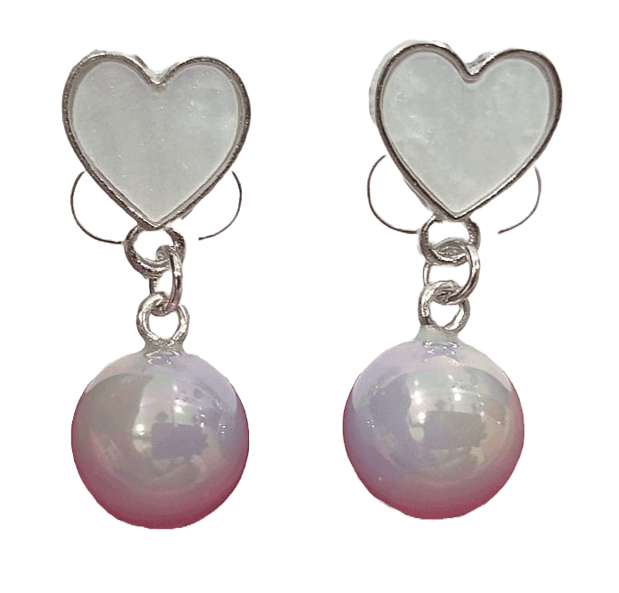 White Heart Earrings with Pink Pearl Drop