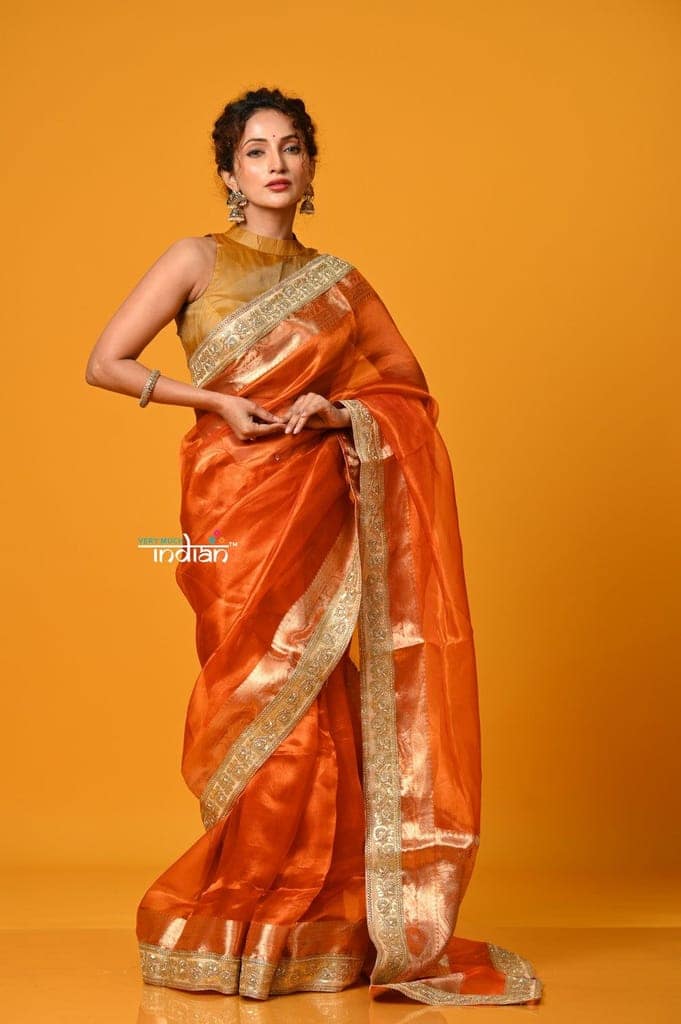 Param Sundari ~ Banarasi Organza Silk Tissue Saree with Designer Lace in Beautiful Sunset Orange