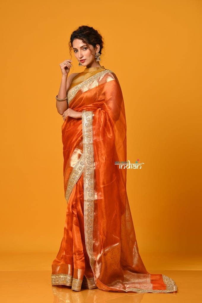 Param Sundari ~ Banarasi Organza Silk Tissue Saree with Designer Lace in Beautiful Sunset Orange view 2