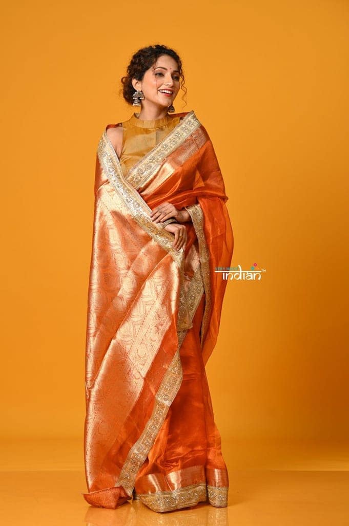 Param Sundari ~ Banarasi Organza Silk Tissue Saree with Designer Lace in Beautiful Sunset Orange view 3
