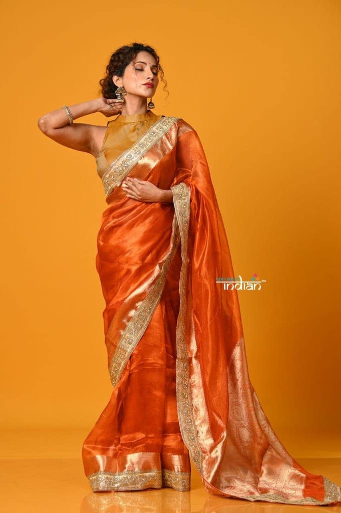 Param Sundari ~ Banarasi Organza Silk Tissue Saree with Designer Lace in Beautiful Sunset Orange view 4