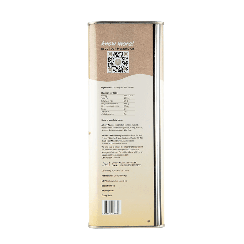 Conscious Food Mustard Oil Organic & Cold - Pressed 5 Ltr view 3