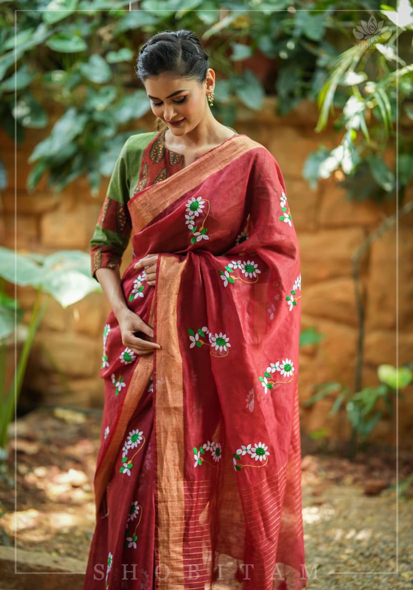 Moti Nath Embroidery on Silk Linen in Brick Red view 2