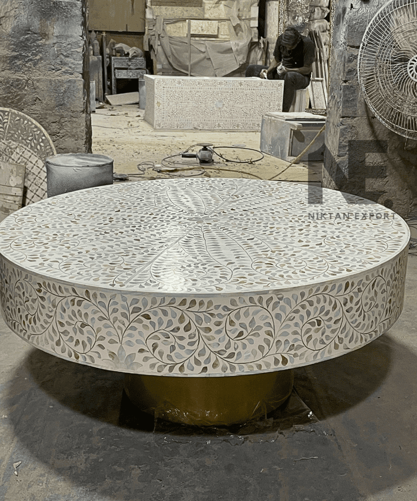White Floral Mother of Pearl Round Coffee Table with Brass Leg – Handcrafted Luxury Center Table