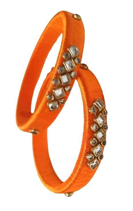 Vibrant Orange Silk Thread Kundan Stone Embellished Bangles for Women view 2