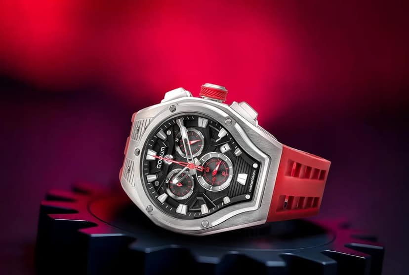 Qorum Equinox Men’s Chronograph Watch - Red Dial, Silver Detailing, Red Silicon Strap view 3