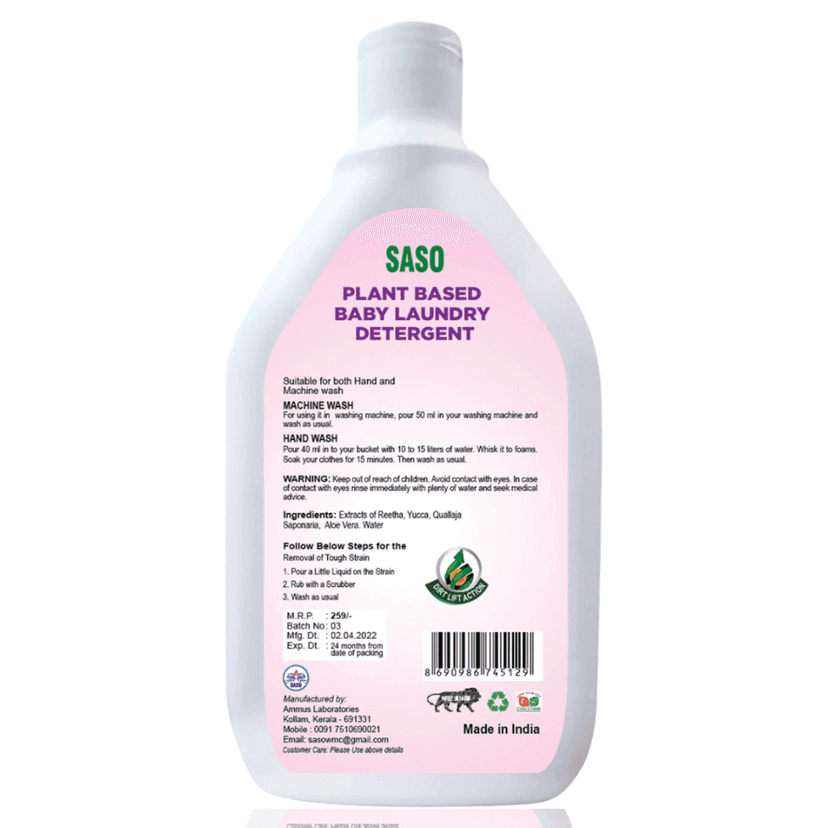 SASO Plant Based Baby Laundry Detergent 100%Organic, Chemical Free, Plant Derived view 2