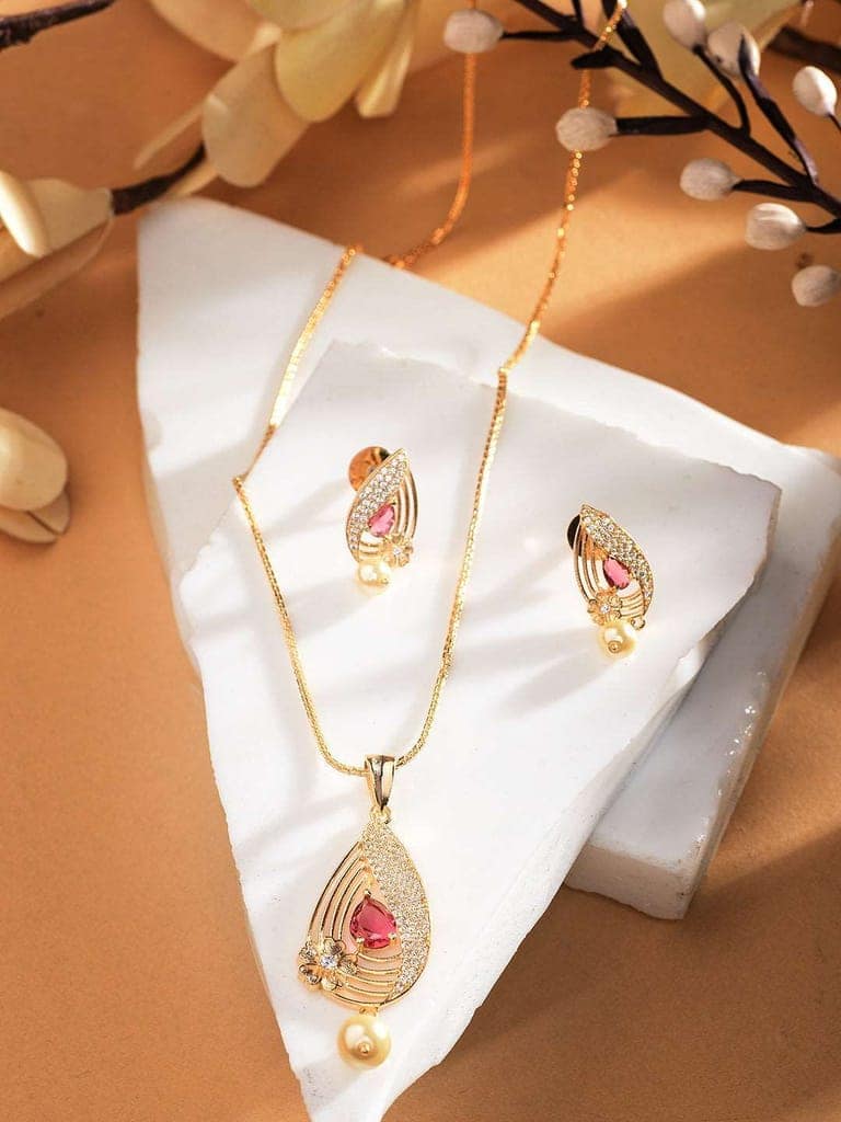 Gold Plated Ruby Studded Floral Locket jewellery Set view 2