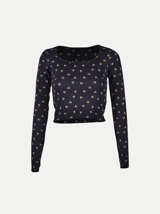 Women Navy All Over Printed cropped Full Sleeve T shirts