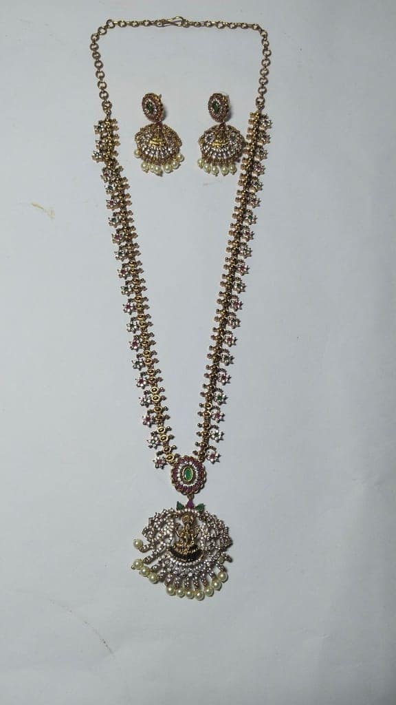 "Stunning Lakshmi Pendant Necklace Set with Earrings in Gold Plated Alloy" view 2