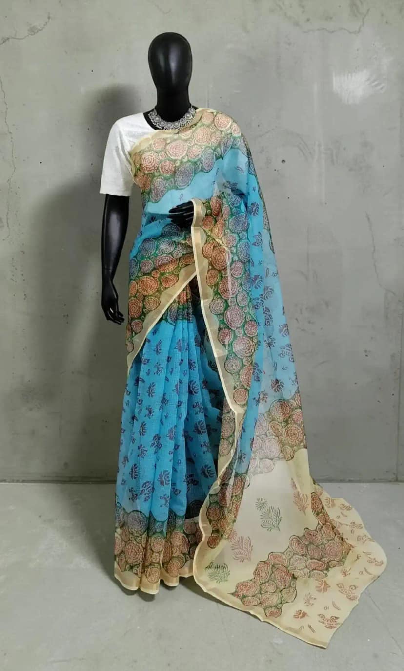 Handwoven Kota Doria Saree in Blue with Block-Printed Border