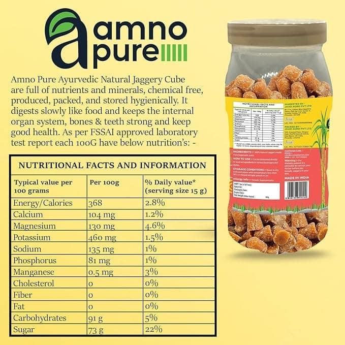 Amno Pure Natural Sugar Cane Jaggery 10G Cube | Cholestrol free, fat free, Full of Nutrients & 100% Natural - 900G Pet Jar view 3