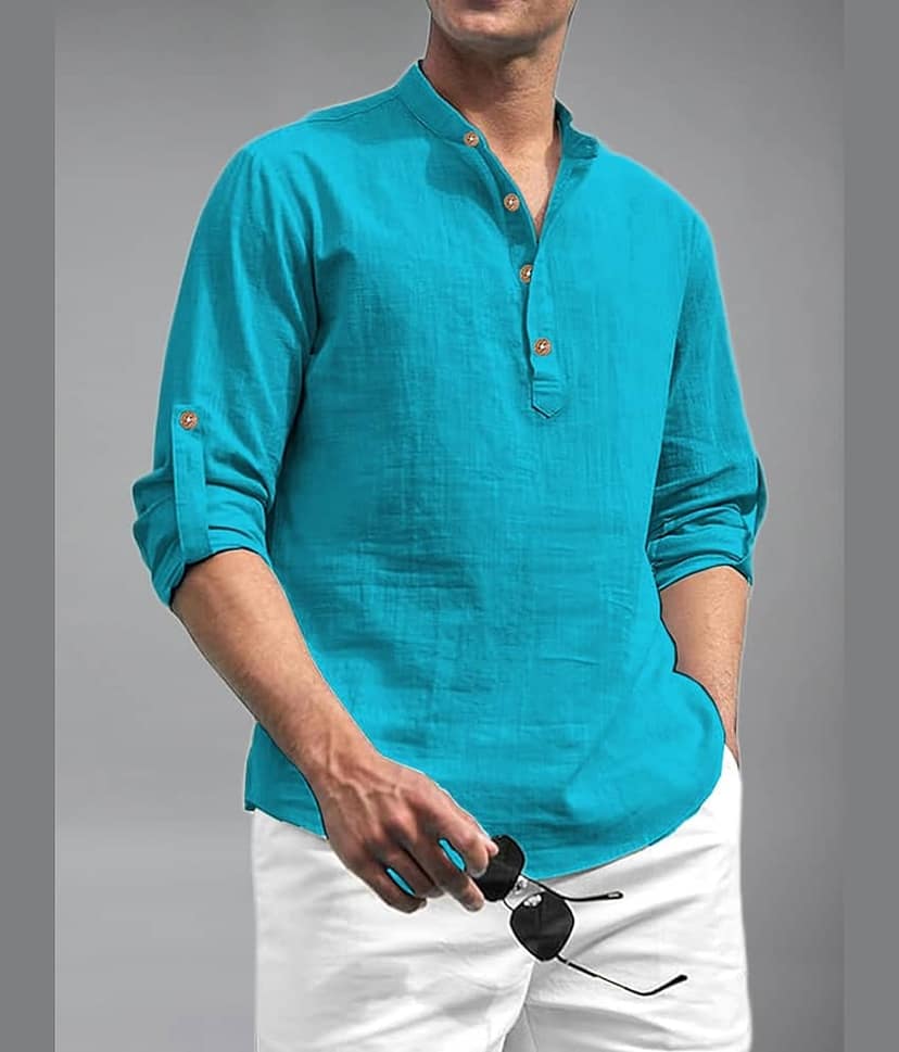 BHUVIKOO Cotton Blend Plain Shirt Style Kurta For Men ( Light Green )