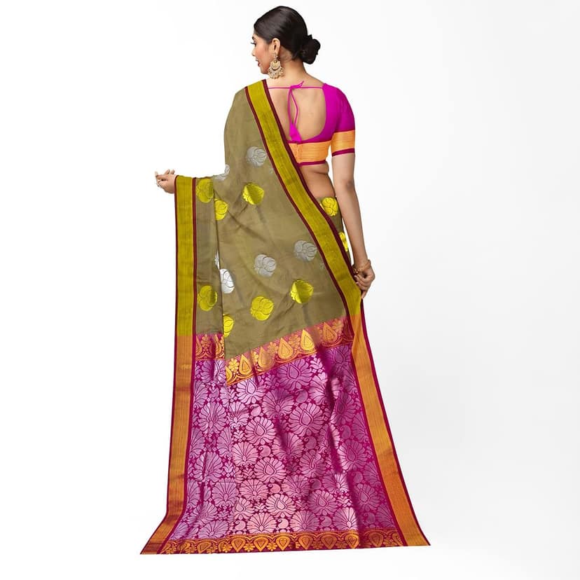 Olive Color Fancy Butta Mixed Soft Silk Saree with Unstitched Blouse view 2