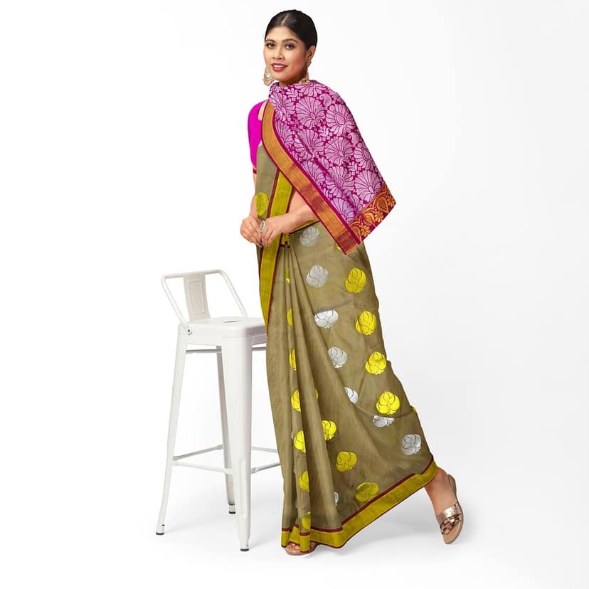 Olive Color Fancy Butta Mixed Soft Silk Saree with Unstitched Blouse view 3