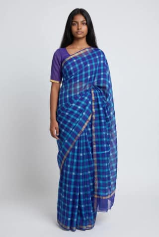 Royal Blue Kota Doria Saree with Golden Woven Border and Check Weave