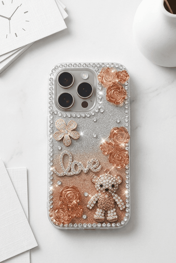 Rhinestone Glitter Teddy Bear Rose Case for iPhone 15 Pro Max
