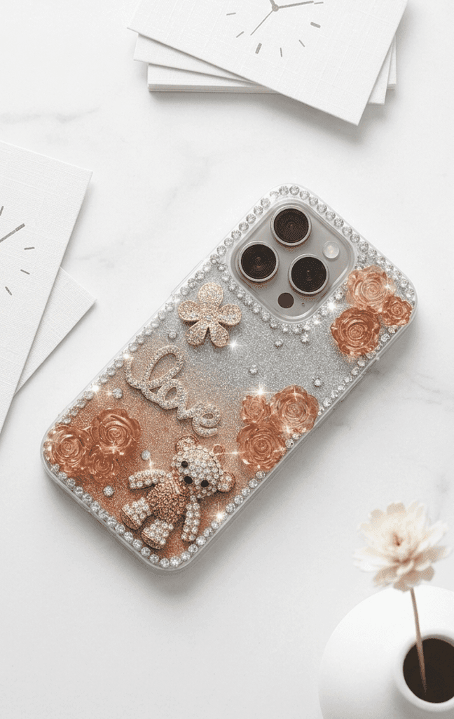 Rhinestone Glitter Teddy Bear Rose Case for iPhone 15 Pro Max view 2