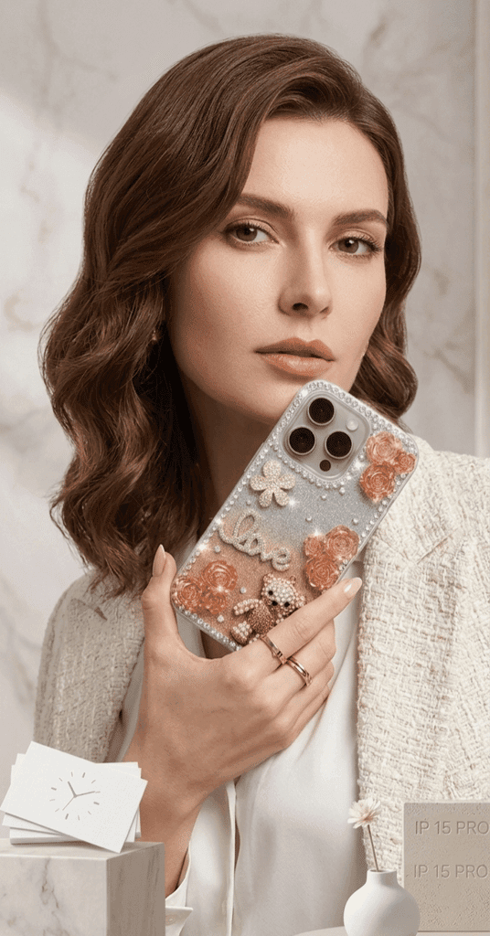 Rhinestone Glitter Teddy Bear Rose Case for iPhone 15 Pro Max view 3