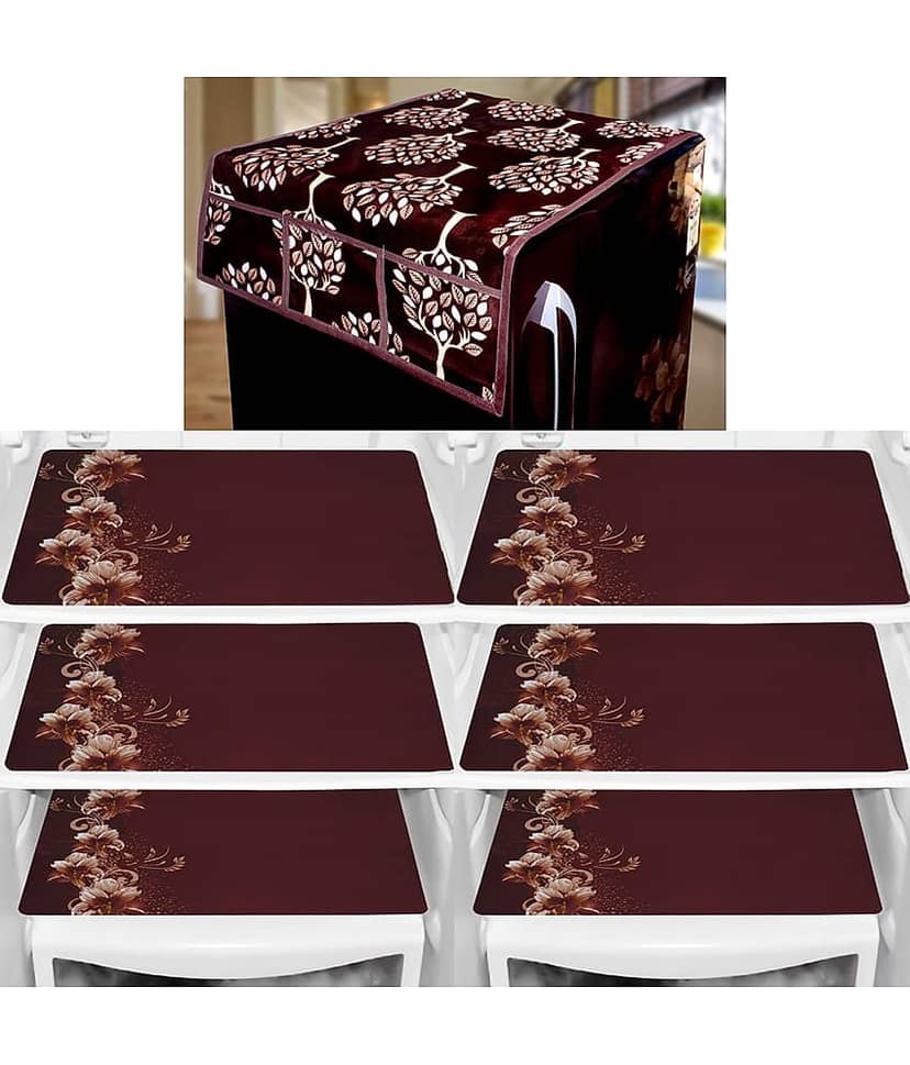 Crosmo Polyester Abstract Printed Fridge Mat & Cover ( 99 53 ) Pack of 7 - Brown
