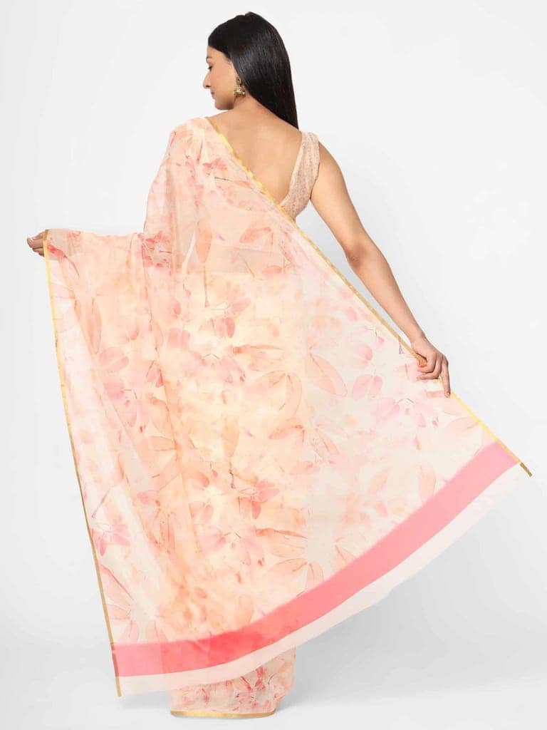 Women's Organza Floral Print Peach Saree view 2