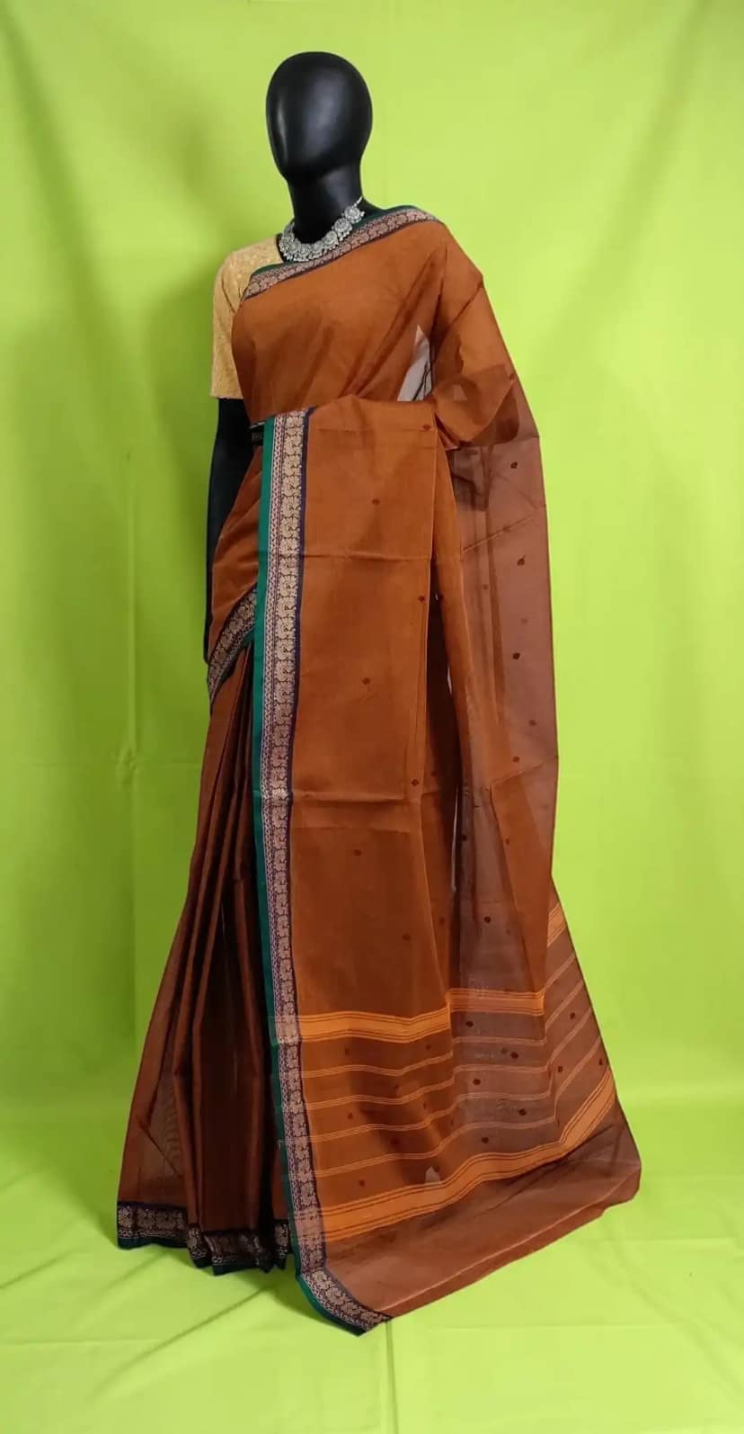 Handwoven Kanchipuram Cotton-Silk Saree in Rust Brown with Golden Border view 2