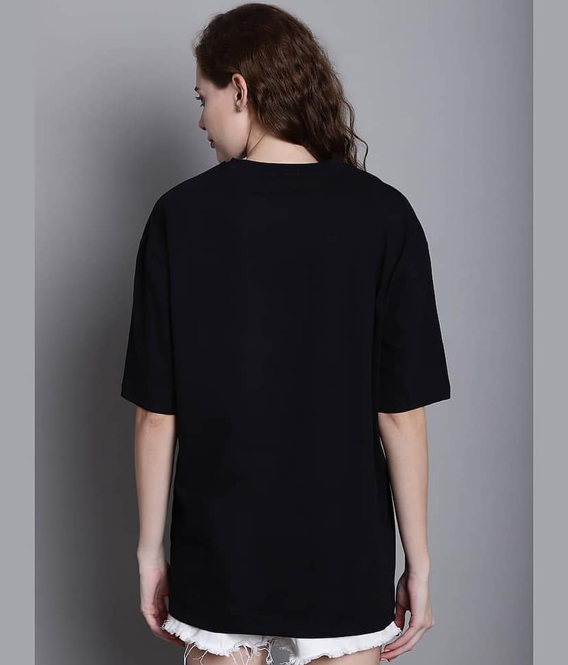 DOOR74 Women Cotton Printed Oversized Fit Round Neck T-Shirt ( Black ) view 2