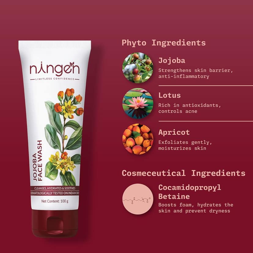 Ningen Jojoba Face Wash I Irritation Free, Paraben Free I Goodness of Lotus, Apricot, White Tea I Removes Dirt, Dead Cells, Unclogs Pores I 100g view 2