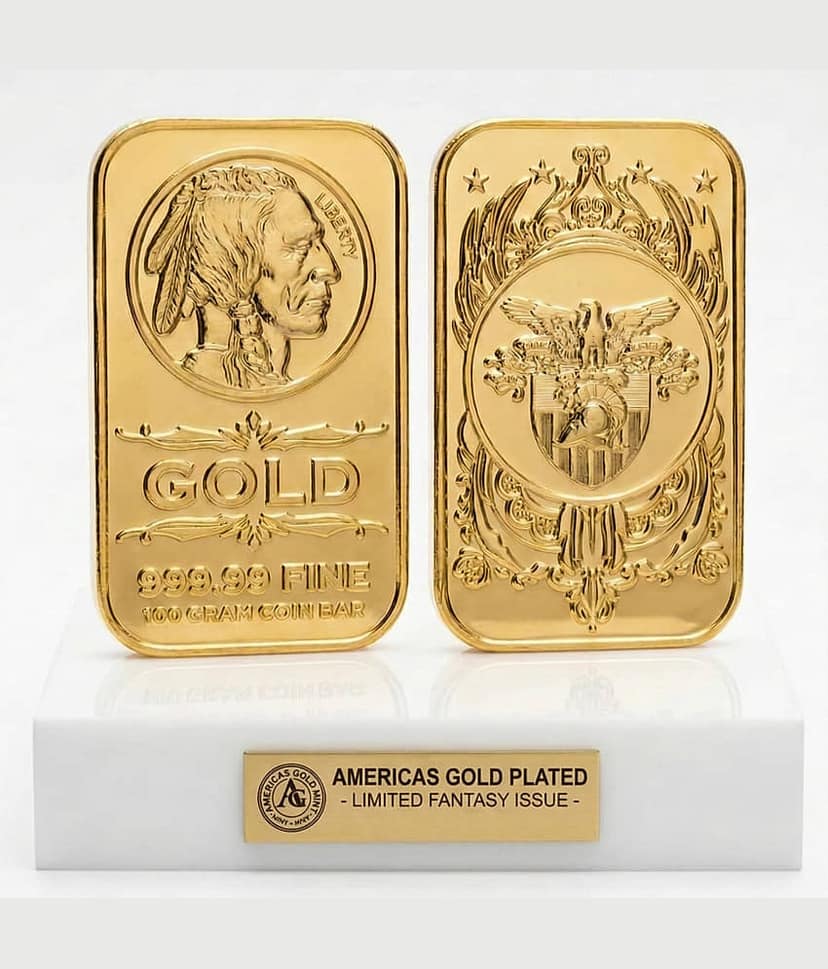American Indian Head & Eagle Shield - USA Fantasy Pure Gold-Plated Metal 100 Gram Coin Bar