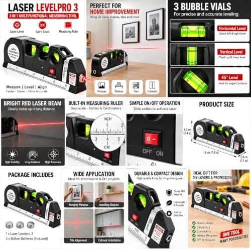 Laser Level Pro 3 with Measuring Tape 8FT (2.5m) | Multi-Function Laser Level Tool with Horizontal & Vertical Alignment, Built-in Ruler, Bubble Level (lesar leval patti) view 3