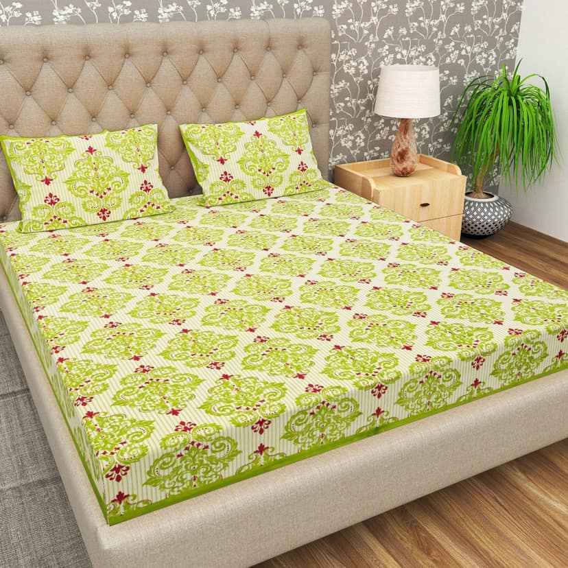 Lali Prints Green White Floral Cotton 130 TC Queen Bedsheet With 2 Pillow Covers