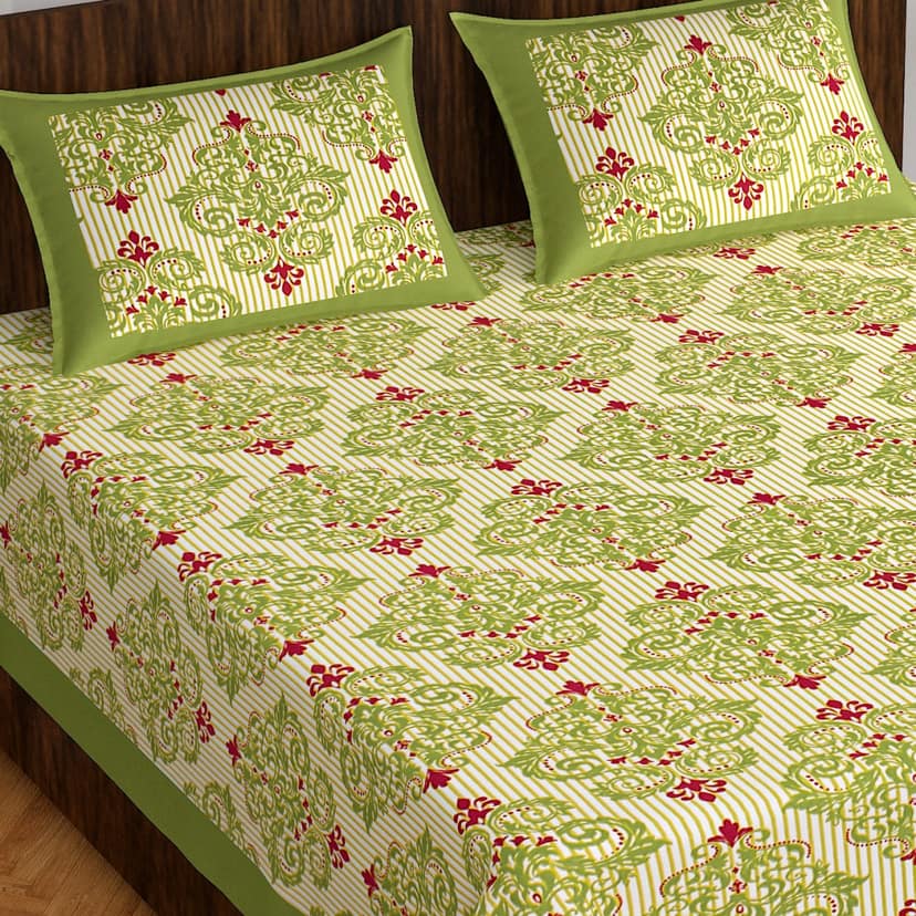 Lali Prints Green White Floral Cotton 130 TC Queen Bedsheet With 2 Pillow Covers view 2