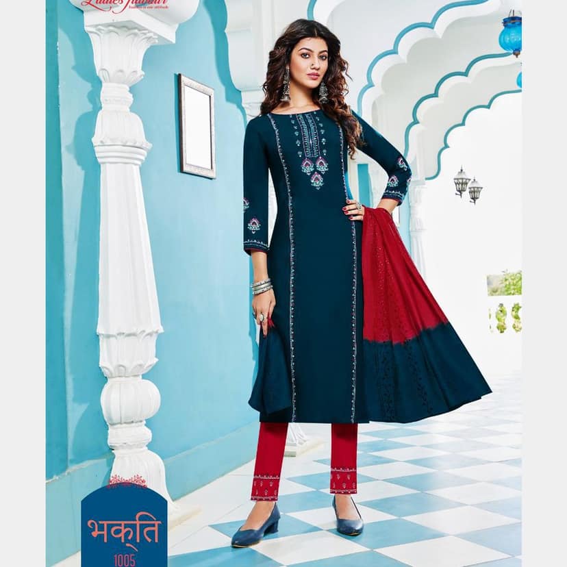 TALK BY FASHION Women Embroidered Dark Blue Kurta with Pants & Dupatta