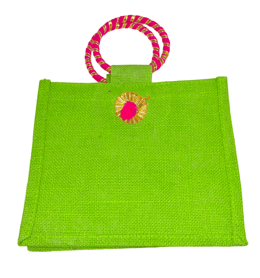 Green Jute Bag with Pink Handle (Small)