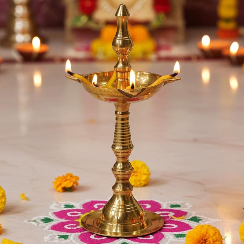 Brass Kerala Fancy Deepak, Oil Lamp No. 2 - Medium Brass Oil Lamp for Home, Height : 6.5 Inch (FMAS642 N)