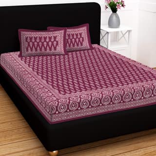 Lali Prints Maroon White Printed Cotton 130 TC Queen Bedsheet With 2 Pillow Covers