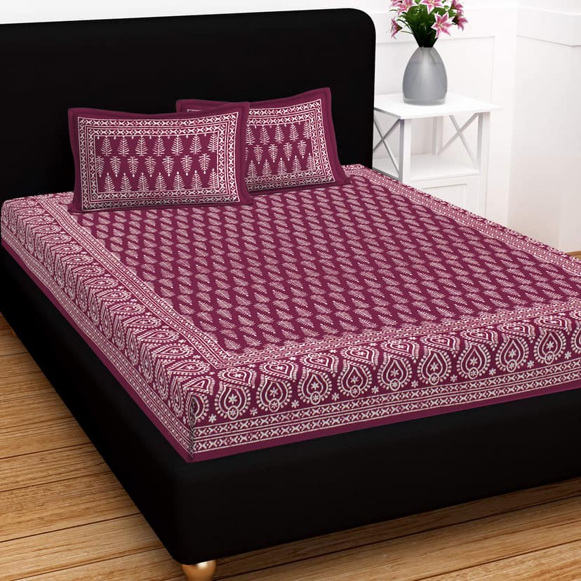 Lali Prints Maroon White Printed Cotton 130 TC Queen Bedsheet With 2 Pillow Covers