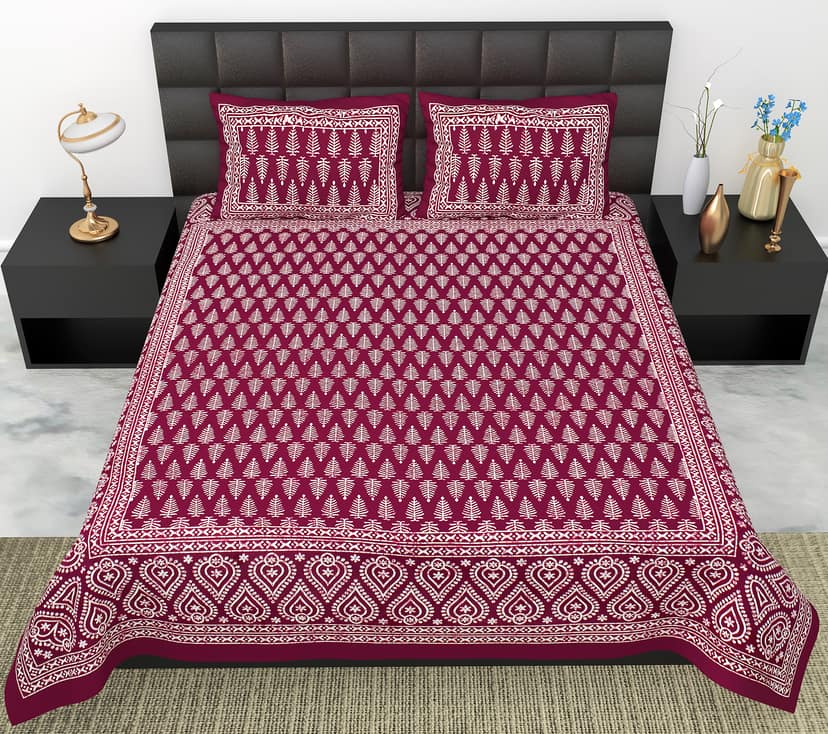 Lali Prints Maroon White Printed Cotton 130 TC Queen Bedsheet With 2 Pillow Covers view 2
