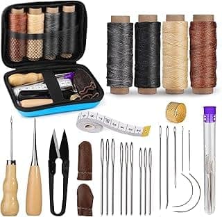 BACHUDO Portable Leather Sewing Kit | 27 pcs Leathr Working Tools,Leather Stitching Kit with Waxed Thread,Sewing Needles for Carpet,Shoes, Sofa Repair | Goods Making Hand Sewing Tools(1, Blue Color