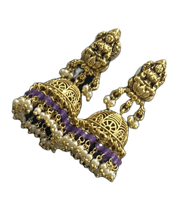 Gold-plated antique finish necklace set with purple stones and pearls view 2