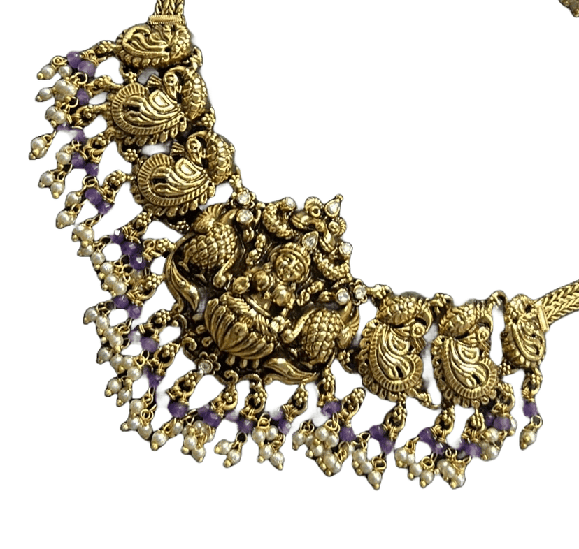 Gold-plated antique finish necklace set with purple stones and pearls view 3