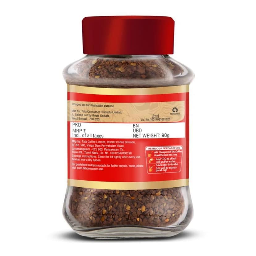 Tata Coffee Grand Premium Instant Coffee, 90g, Jar With Flavour Locked Decoction Crystals, Flavoured Soluble Coffee Powder, Rich Aroma & Great Taste view 8