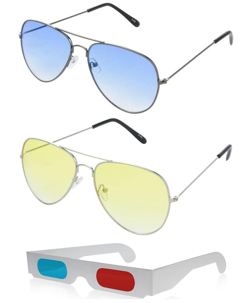 HRINKAR Pilot Stylish Sunglasses For Men And Women (Blue And Yellow Lens | Grey And Silver Frame - HCMB525) With Free Paper 3D Glass