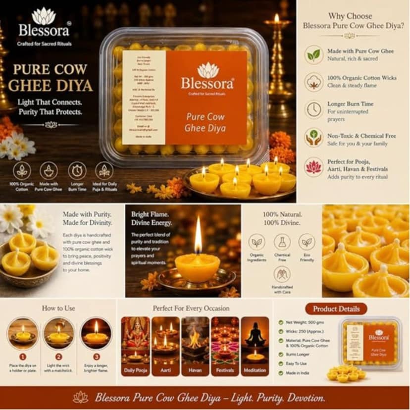 Pure Ghee Cotton Wicks Diya Batti - Ready Ghee Diyas for Pooja | Long Lasting Aarti Use | Temple Daily Worship (250 Pieces) view 3